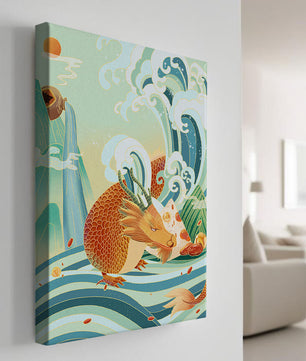 Dragon mythique au milieu de vagues stylisées et de montagnes aux couleurs vives
