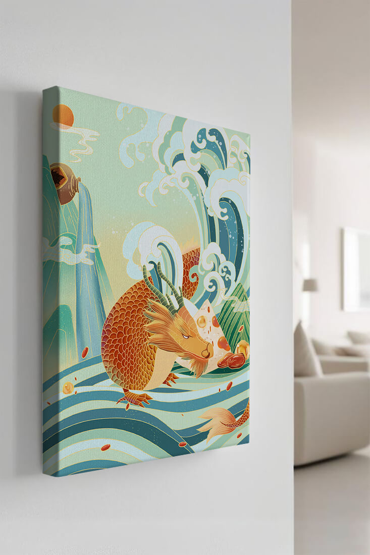 Mythical dragon amidst stylized waves and mountains in vibrant colors