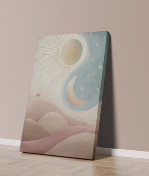 Minimalist landscape with sun, moon, and wolf in pastel hues