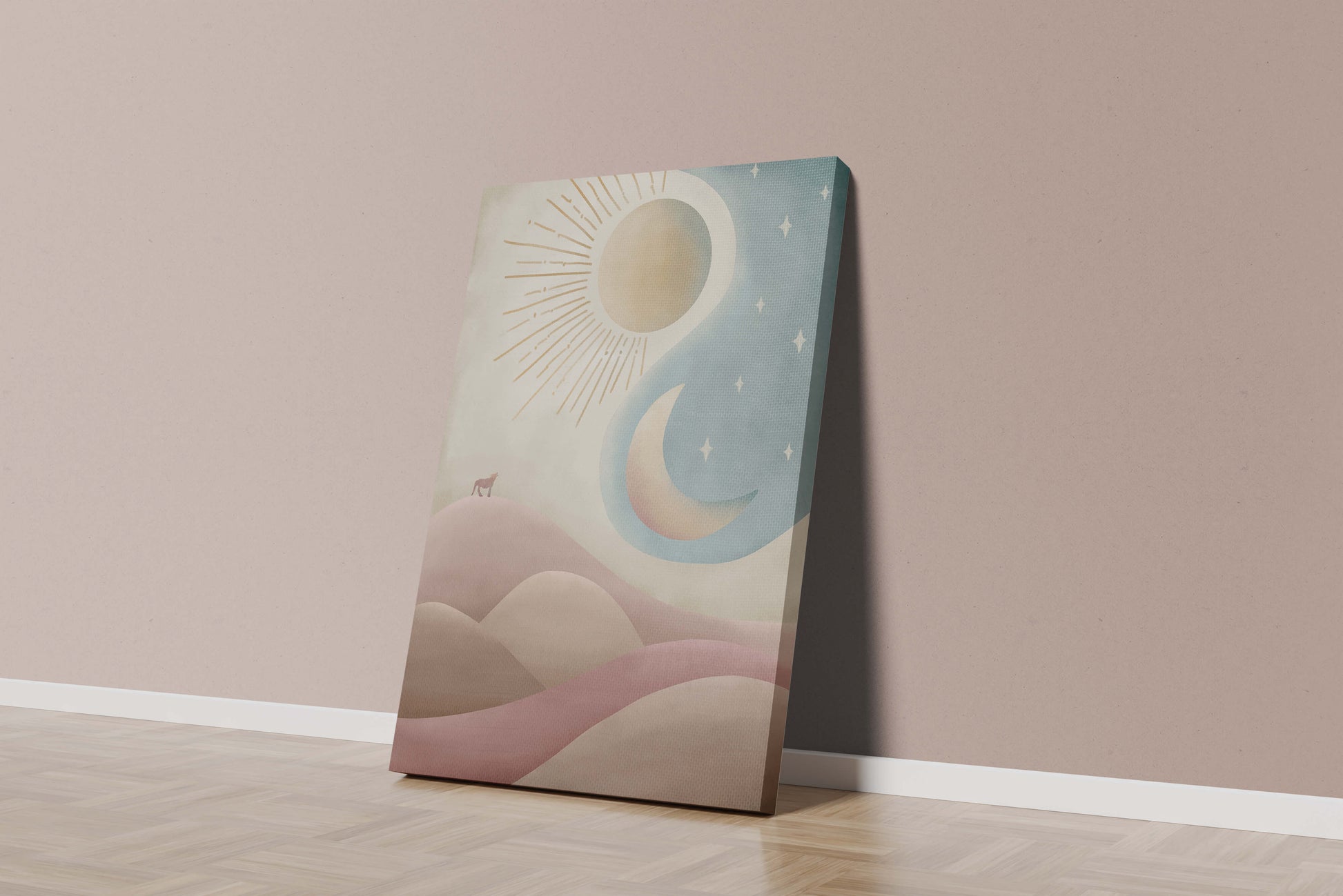 Minimalist landscape with sun, moon, and wolf in pastel hues