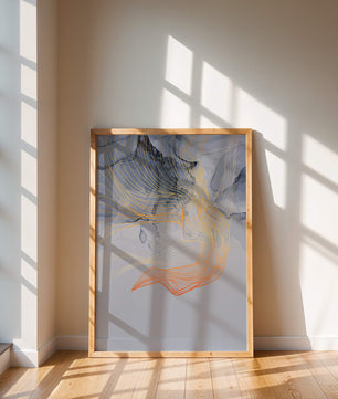 Elegantes abstraktes Design mit fließenden goldenen und orangefarbenen Linien auf blauem Hintergrund