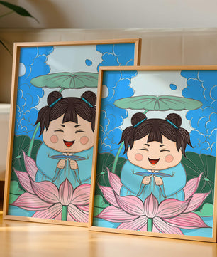 Whimsical illustration of a joyful child with lotus and umbrella