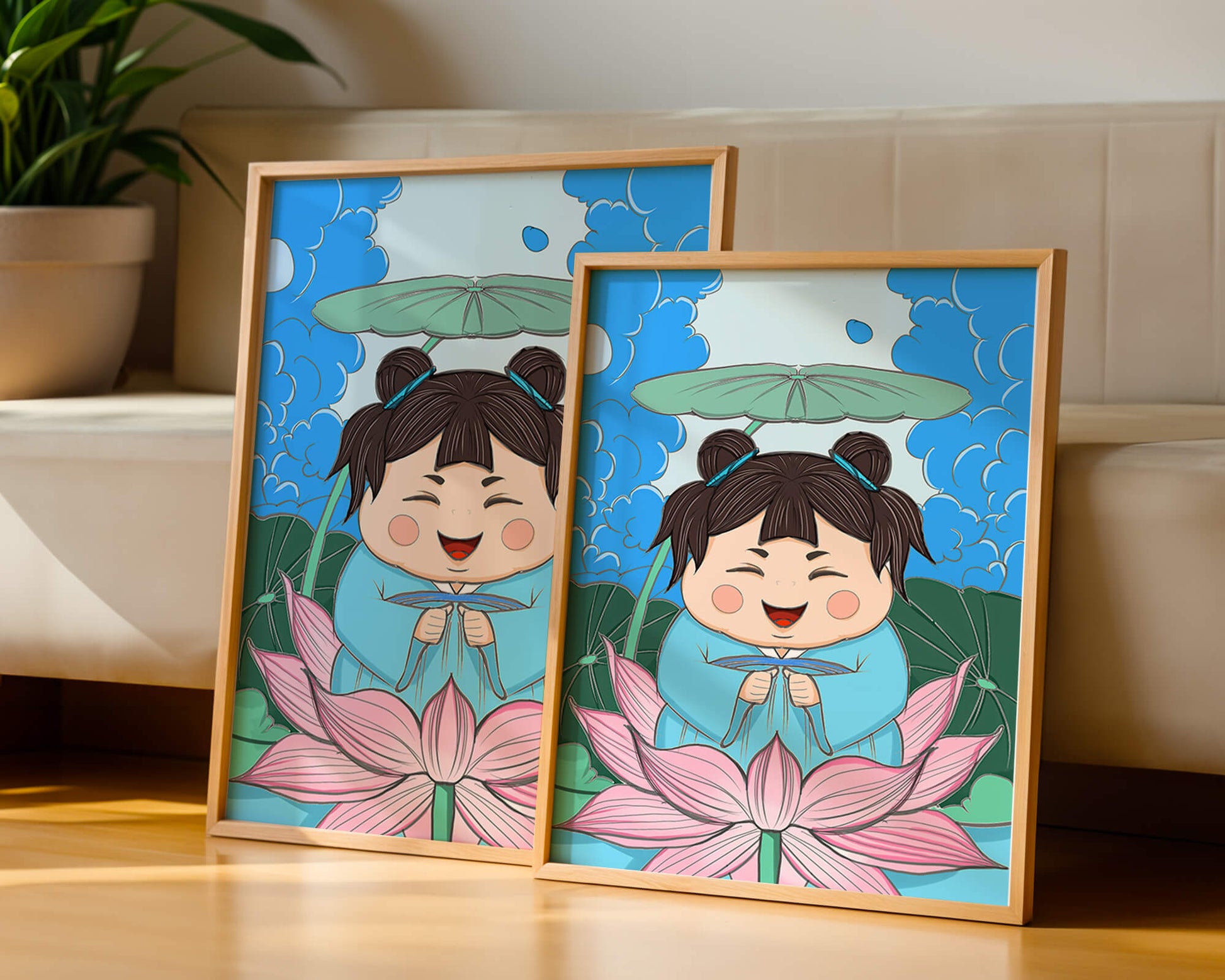 Whimsical illustration of a joyful child with lotus and umbrella