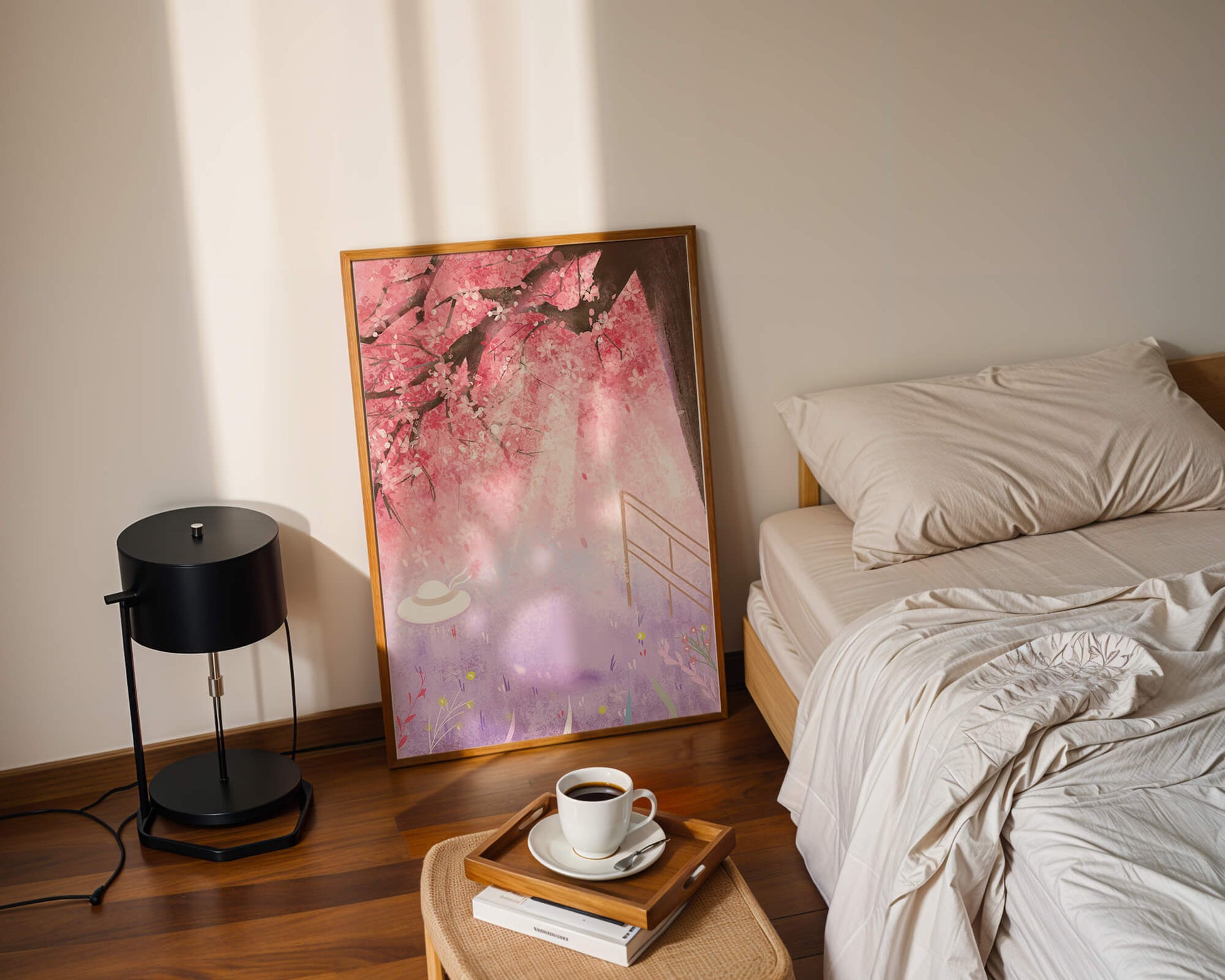 Cherry Blossom Garden with Spring Flowers and Sunlight
