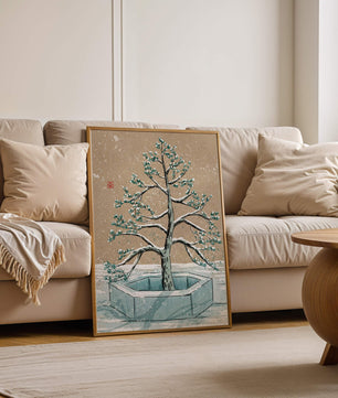 Paisaje invernal con ilustración de árbol bonsái cubierto de nieve