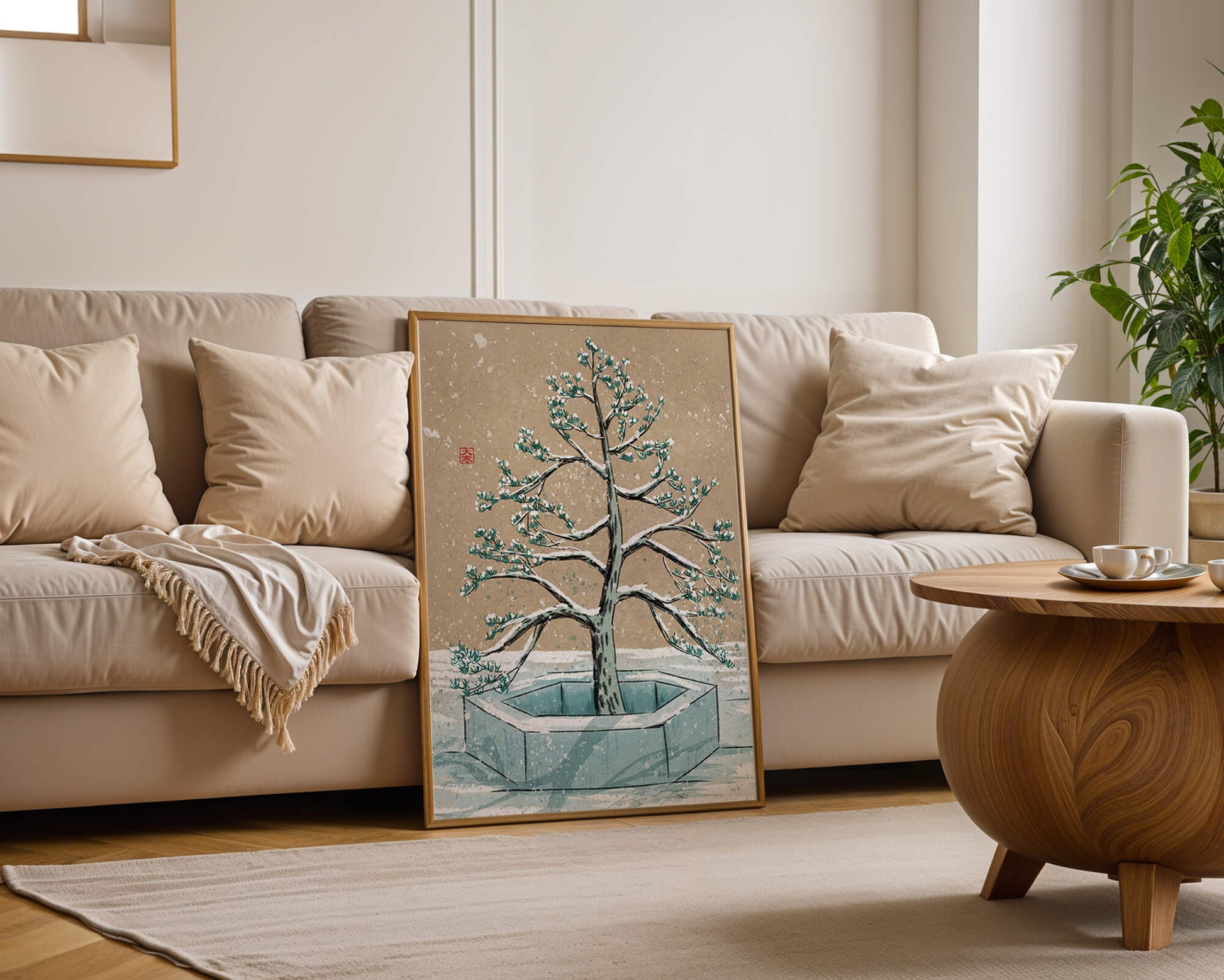 Paisaje invernal con ilustración de árbol bonsái cubierto de nieve