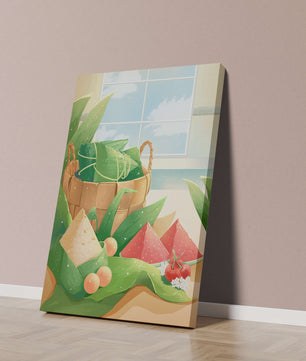 Scène de cuisine sereine avec un panier de fruits et de feuilles