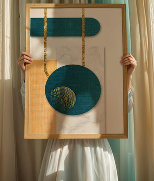 Abstract geometric design with gold accents and textured elements