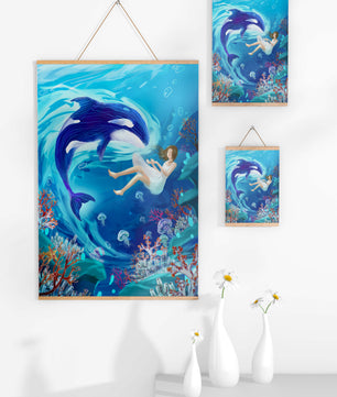 Escena submarina de fantasía con una ballena juguetona y una chica flotando entre corales y medusas