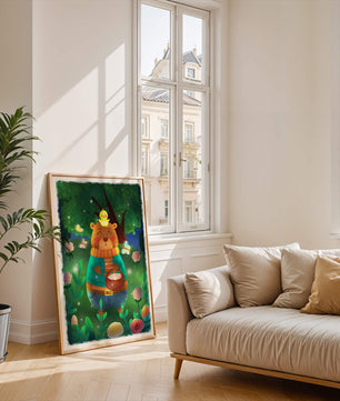 Charming bear in a colorful garden with flowers and fireflies