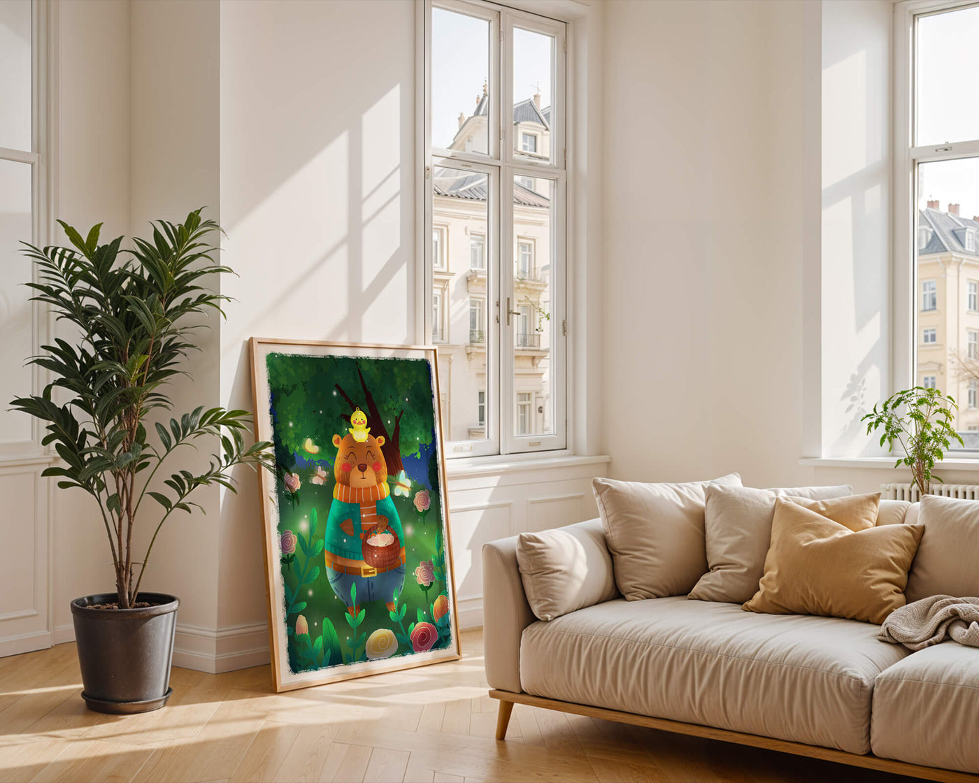 Charming bear in a colorful garden with flowers and fireflies