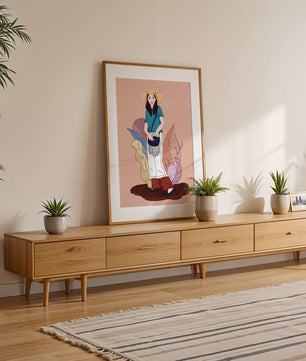 Stylish woman in summer attire with botanical background illustration