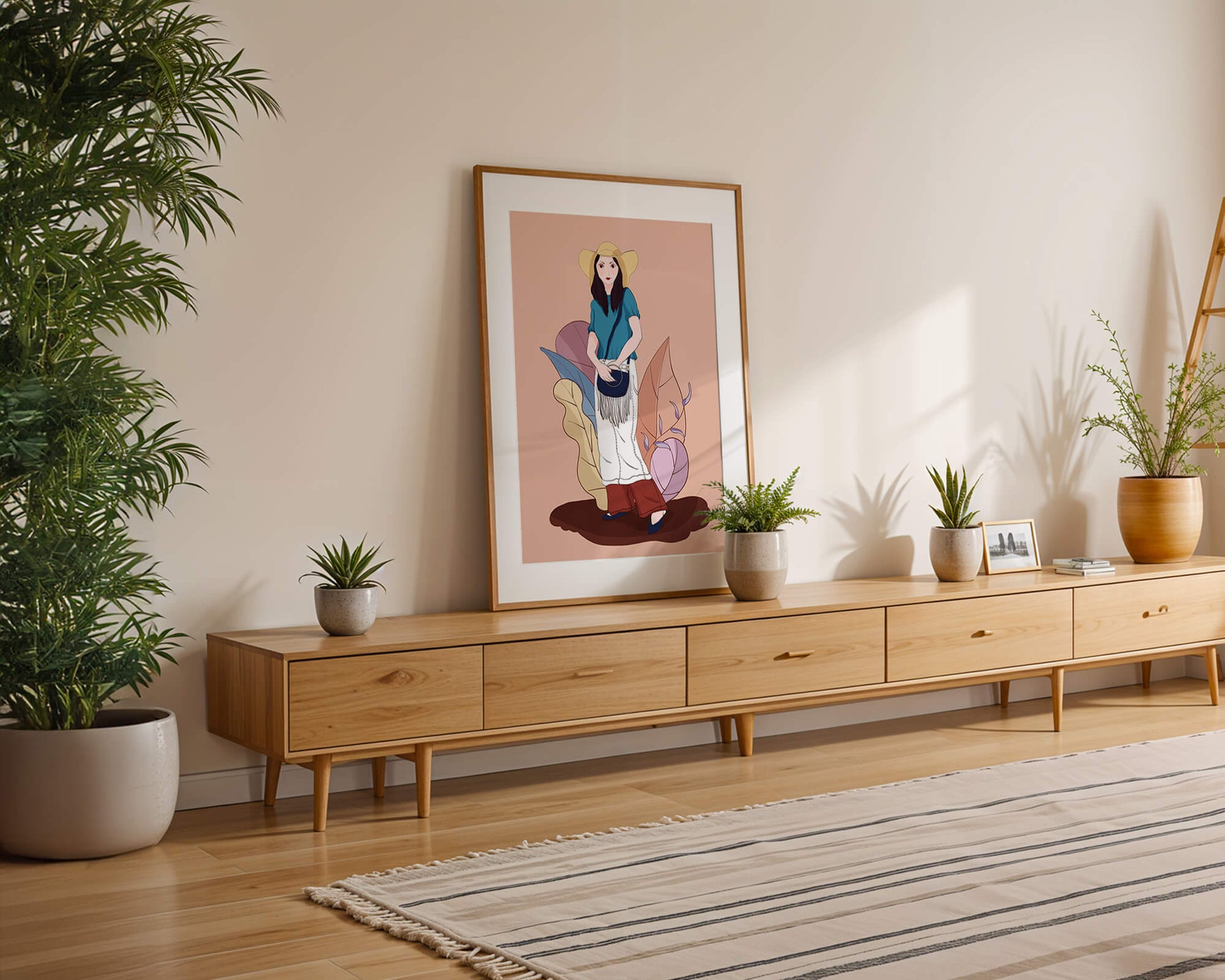 Stylish woman in summer attire with botanical background illustration