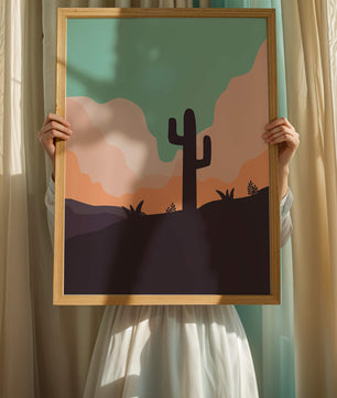 Abstract desert landscape with cactus silhouette at sunset