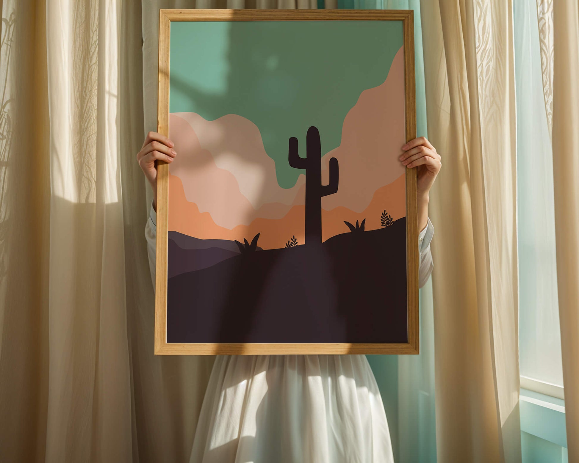 Abstract desert landscape with cactus silhouette at sunset