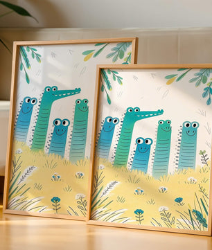Illustration of Happy Cartoon Crocodiles in a Colorful Meadow - Mi tienda