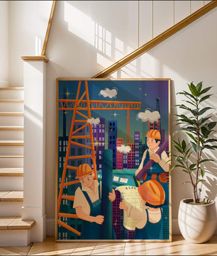 Illustrated construction workers on a high-rise building site