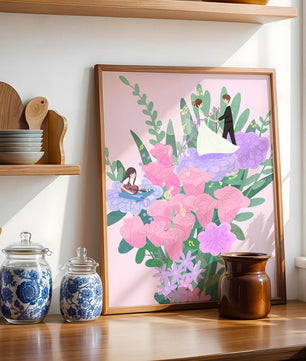 Whimsical wedding scene amidst colorful floral arrangement