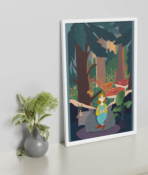 Figura femenina pacífica con criaturas del bosque y vegetación verde exuberante