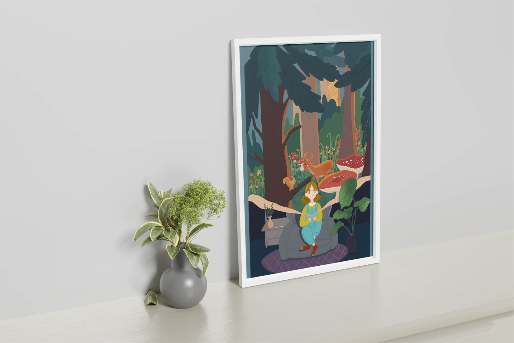 Figura femenina pacífica con criaturas del bosque y vegetación verde exuberante