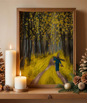 Man Walking Through a Sunny Forest with Golden Leaves