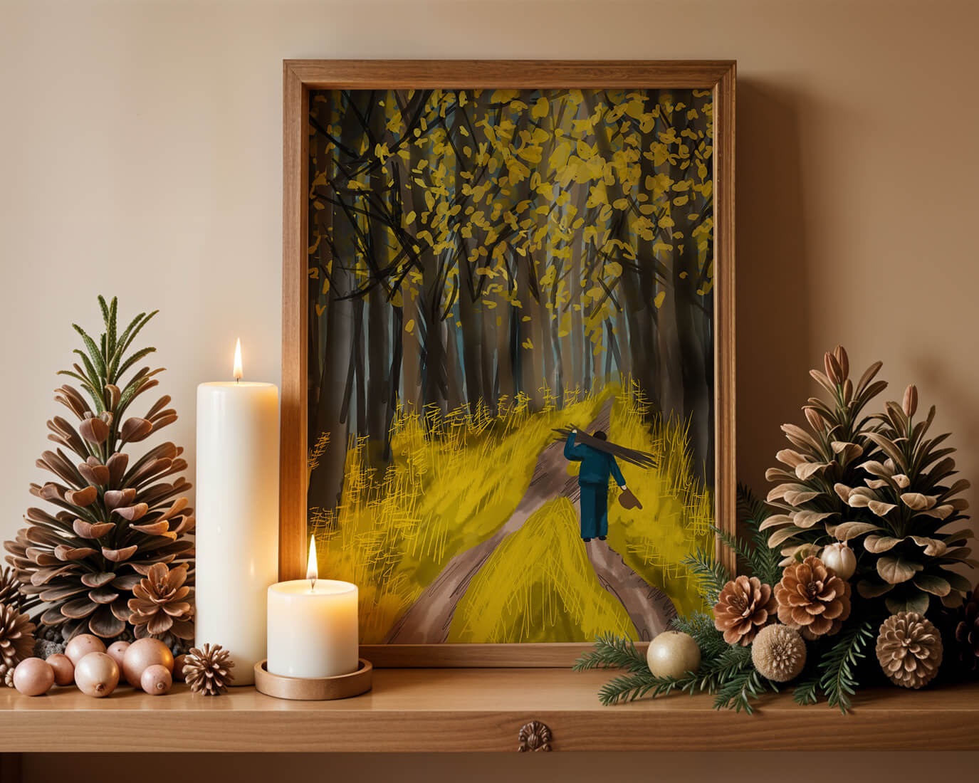 Man Walking Through a Sunny Forest with Golden Leaves