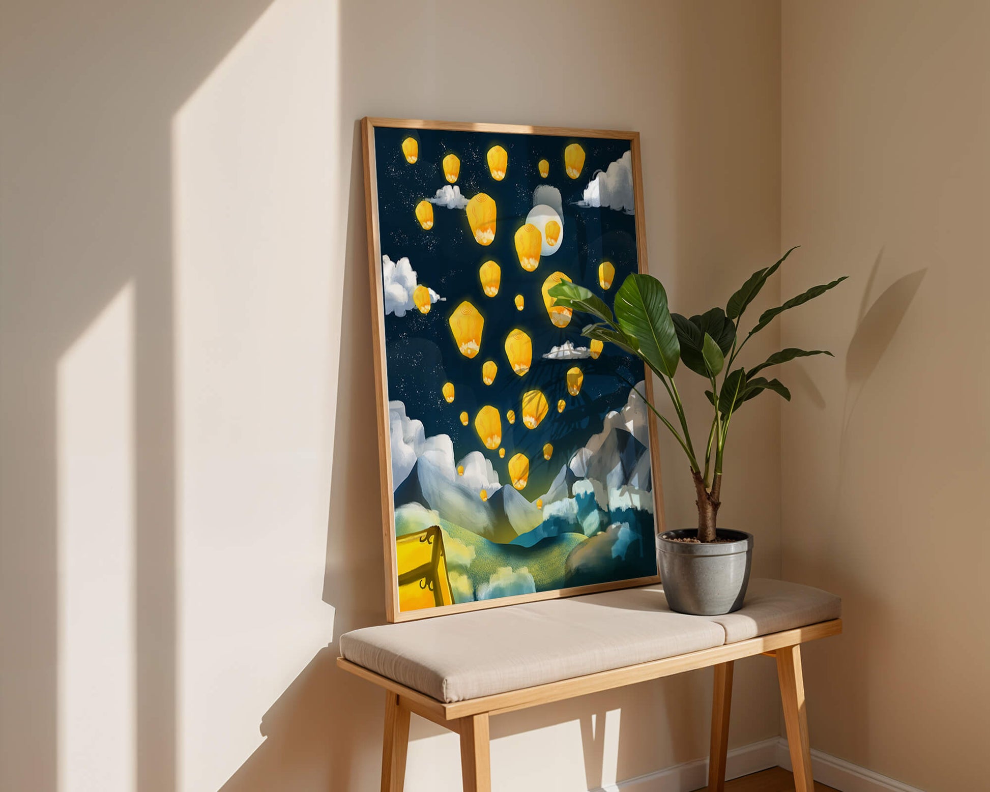 Lanterns floating in a starry night sky over mountains