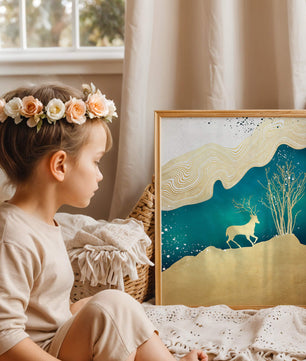 Elegante abstrakte Kunst mit goldenem Hirsch und Naturthema