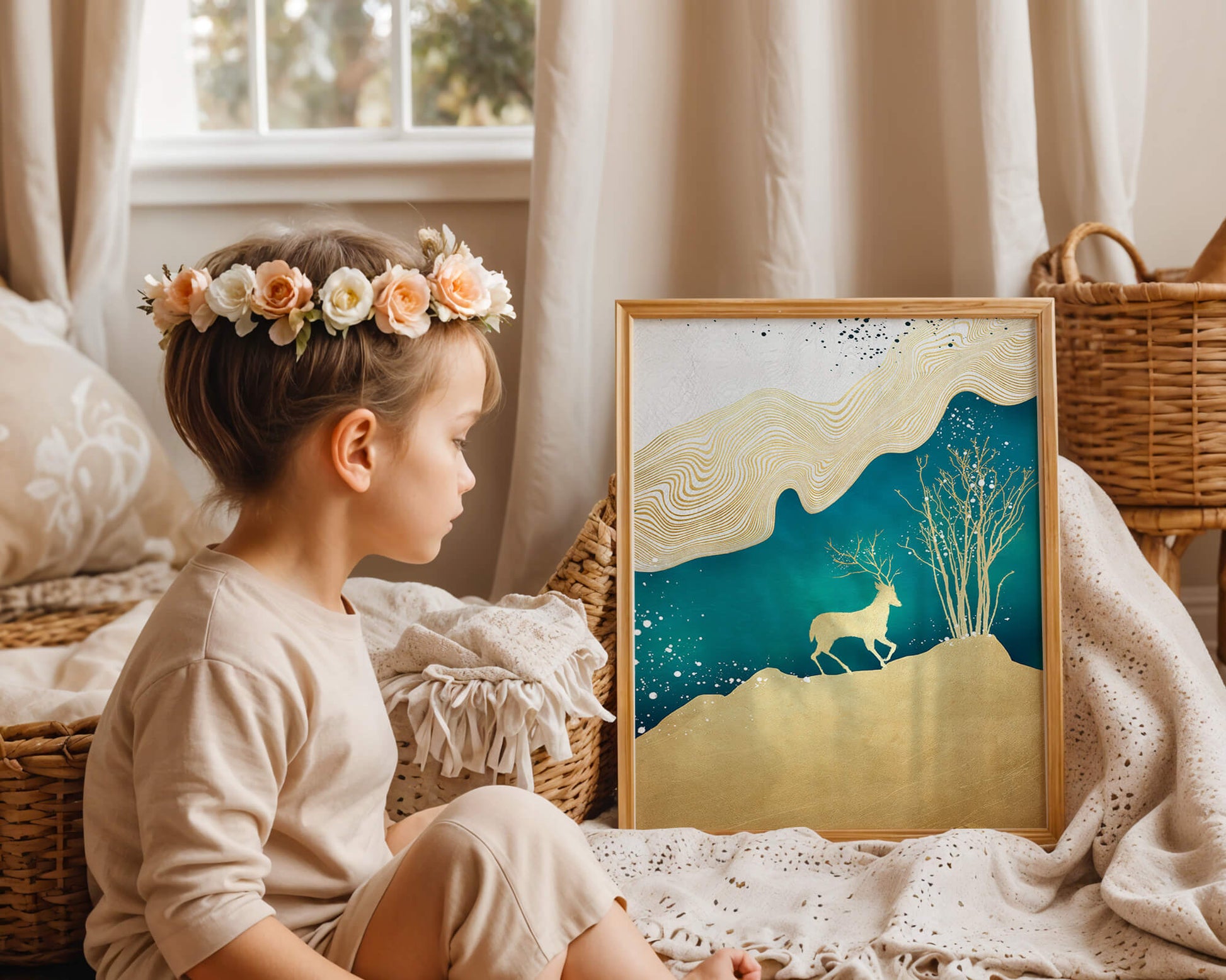 Elegante arte abstracto con ciervos dorados y temática de naturaleza.