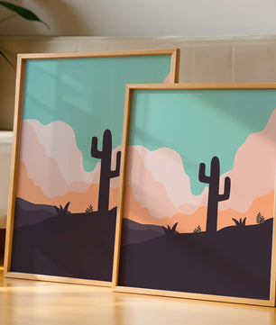 Abstract desert landscape with cactus silhouette at sunset