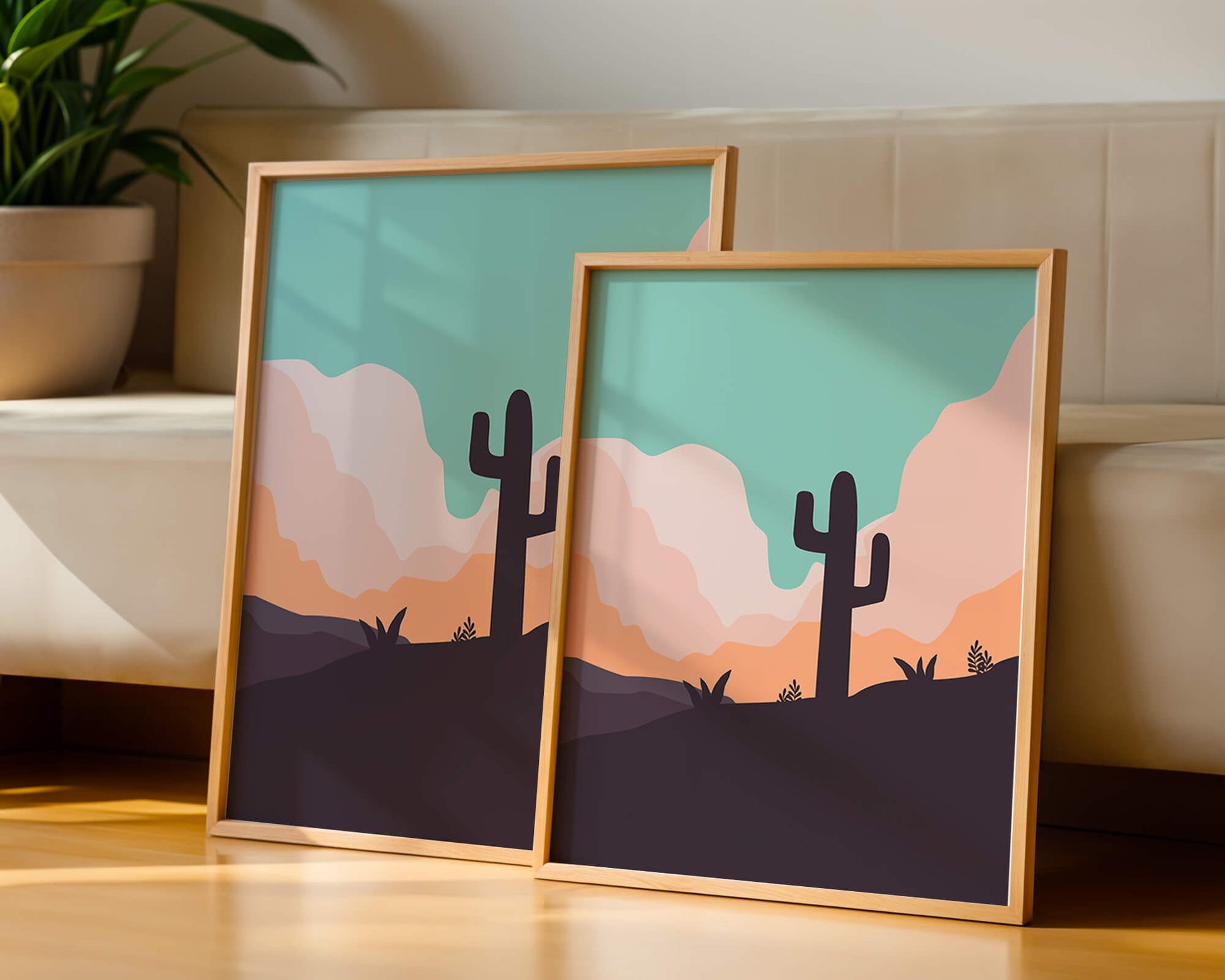 Abstract desert landscape with cactus silhouette at sunset