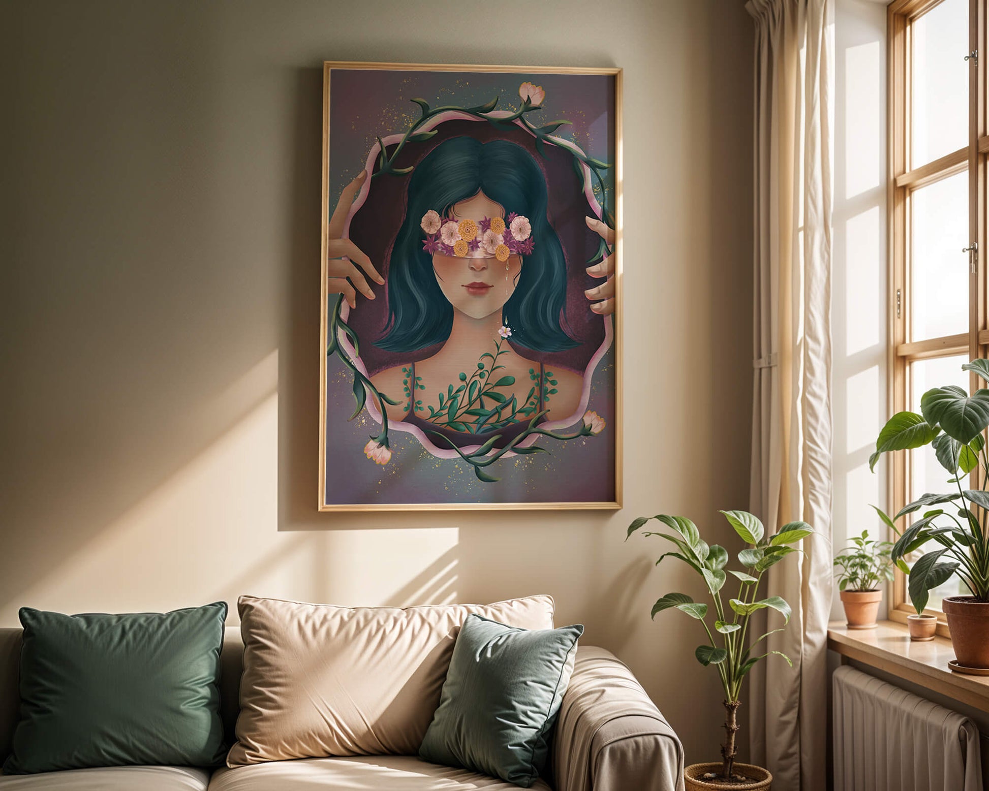 Retrato encantador de una mujer con ojos florales y cabello oscuro
