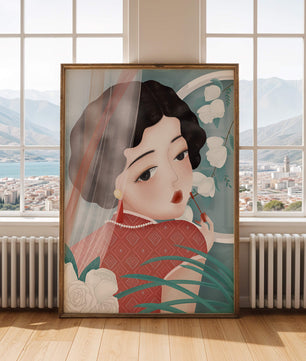 Elegant Asian Woman in Red Dress with White Roses and Pearls