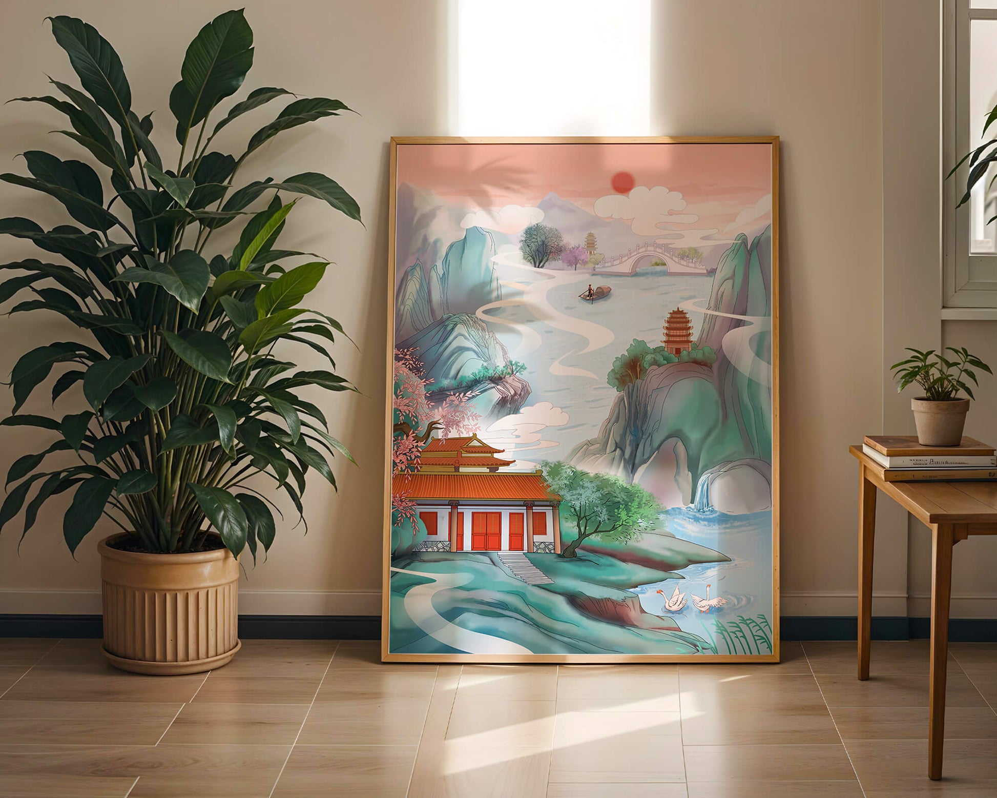 Serene landscape with traditional Asian architecture and nature elements