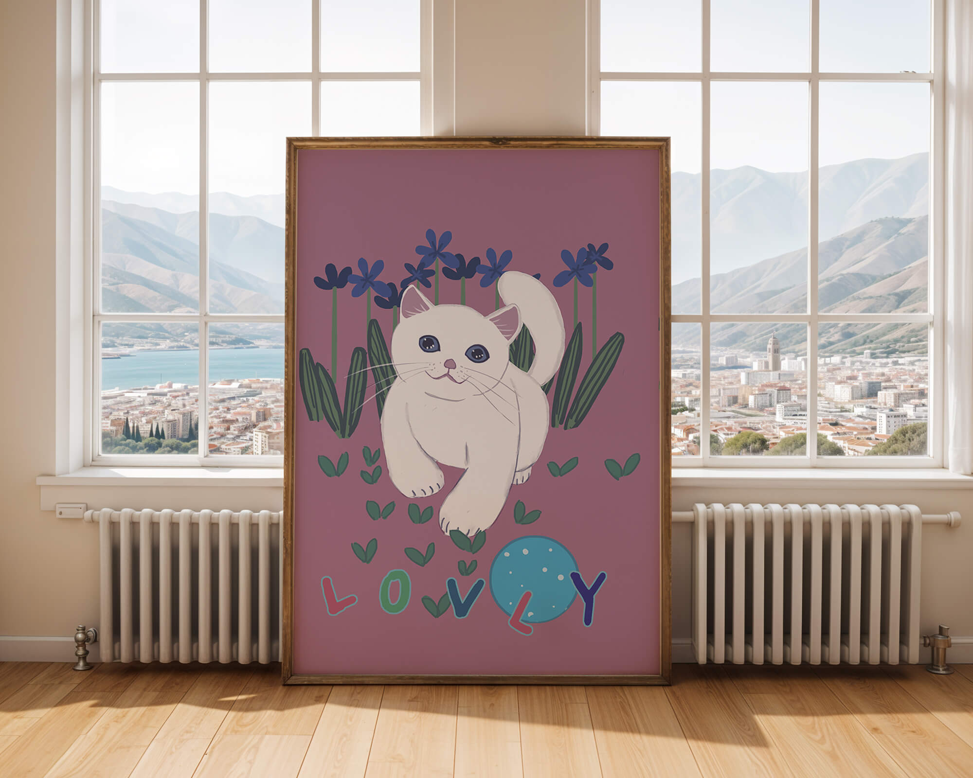 Charming illustration of a white cat in a floral field with playful text