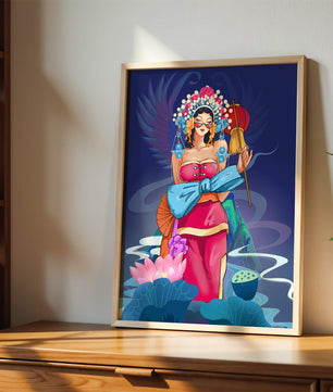 Colorful illustration of a woman in traditional attire with floral headdress