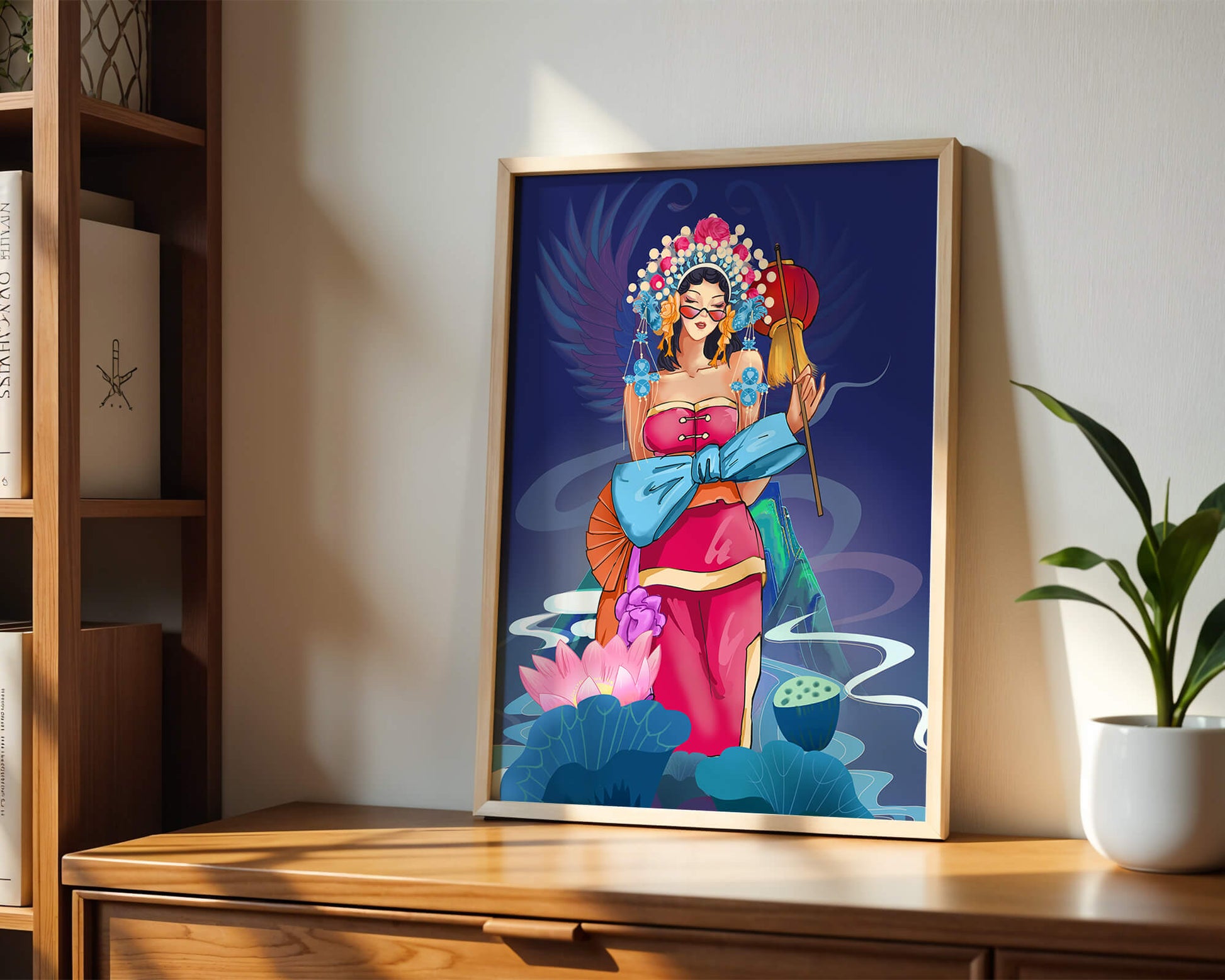 Colorful illustration of a woman in traditional attire with floral headdress