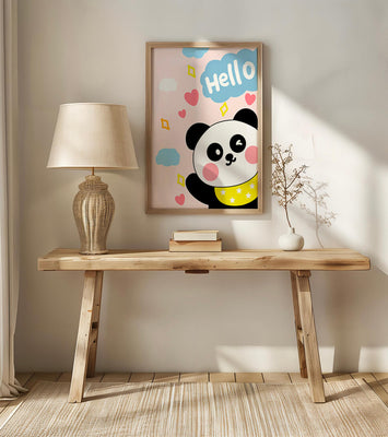 Panda illustration with playful elements and pastel colors