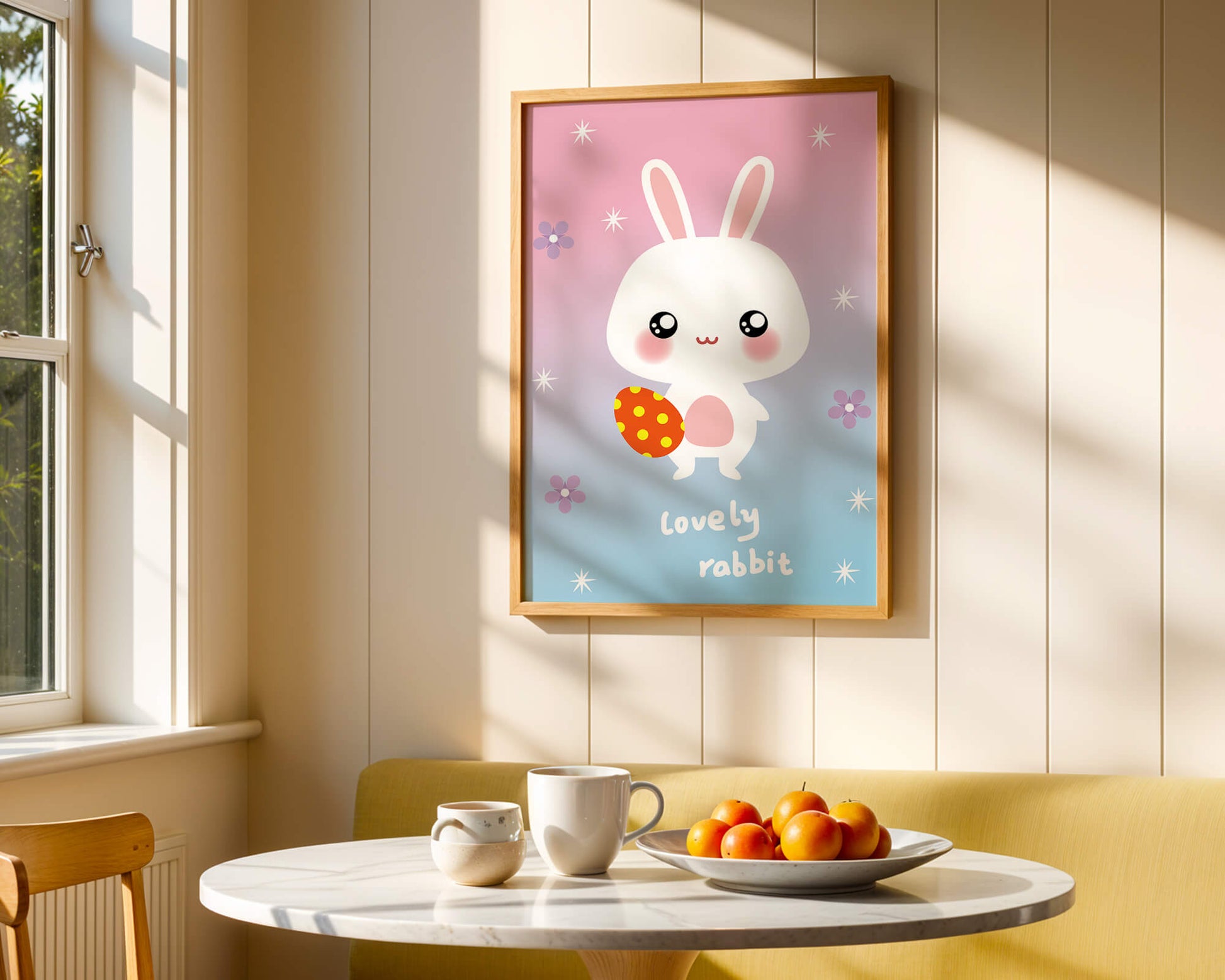 Adorable rabbit illustration with a colorful egg on a pastel background