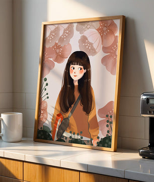 Ilustración de una niña con flores en tonos pasteles suaves