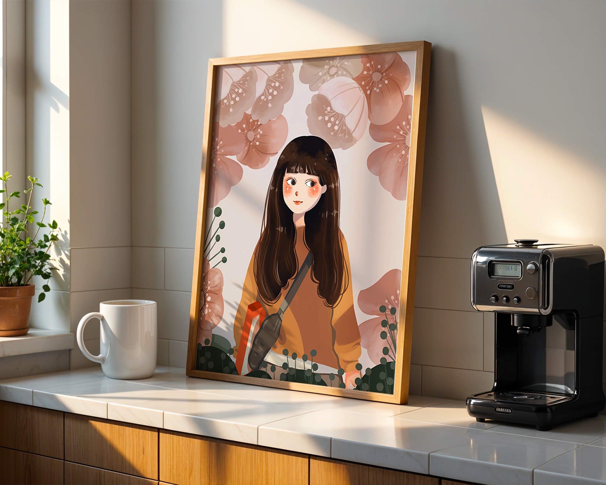 Illustration of girl with flowers in soft pastel hues