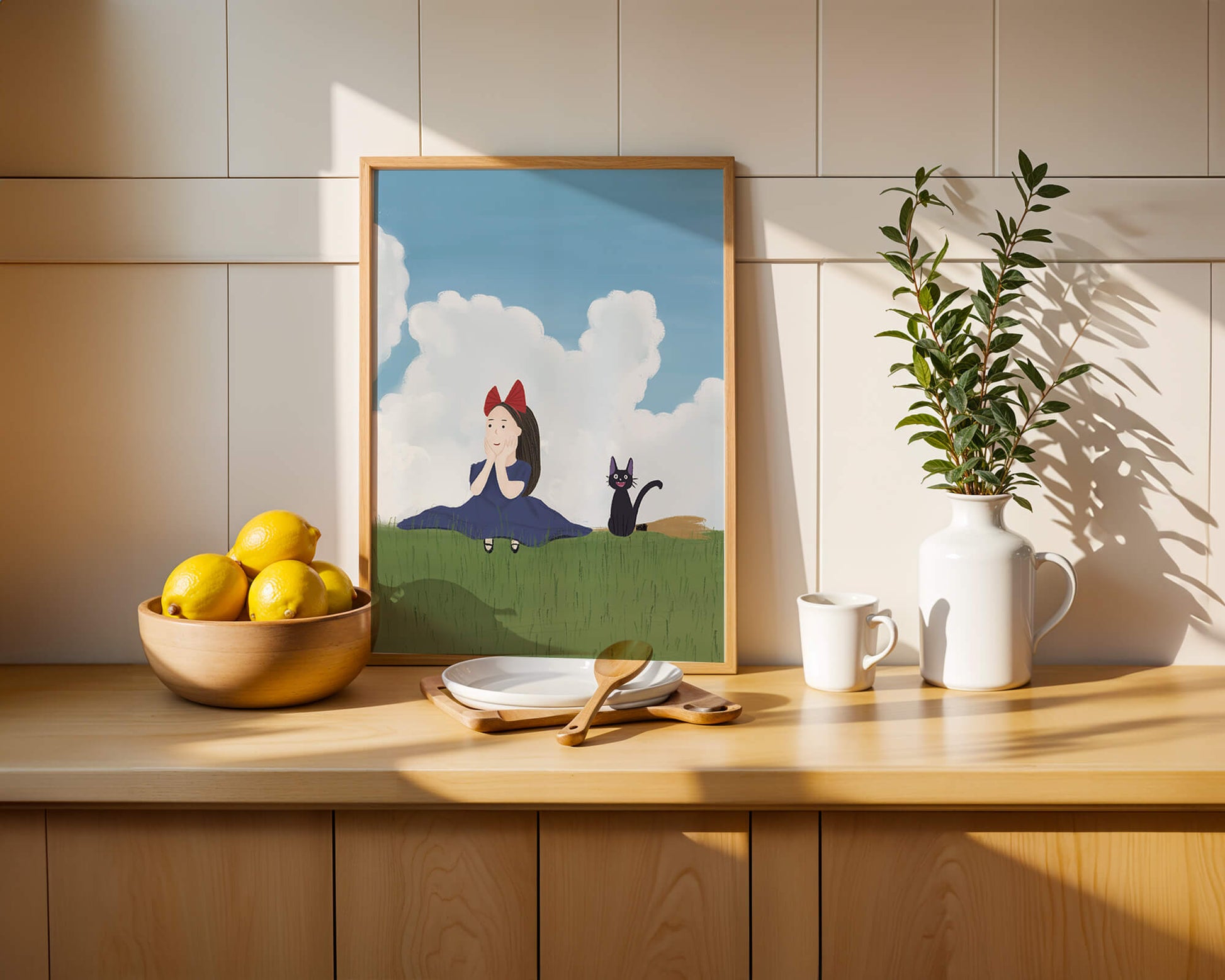 Girl with Red Bow and Cat in Lush Green Meadow