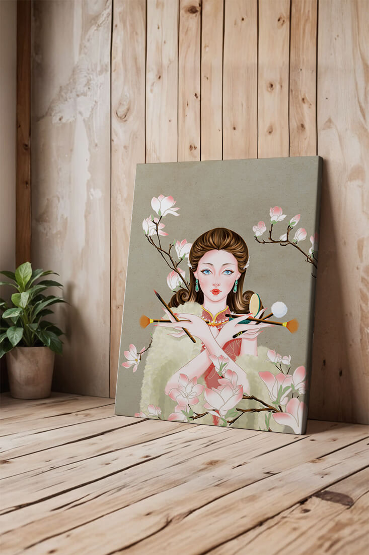 Elegant woman with makeup tools amidst blooming magnolia branches