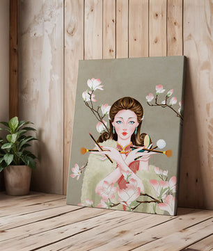 Femme élégante avec des outils de maquillage parmi des branches de magnolia en fleurs