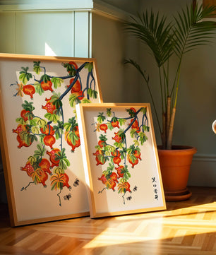 Artistic illustration of vibrant pomegranates on a branch with Asian aesthetic