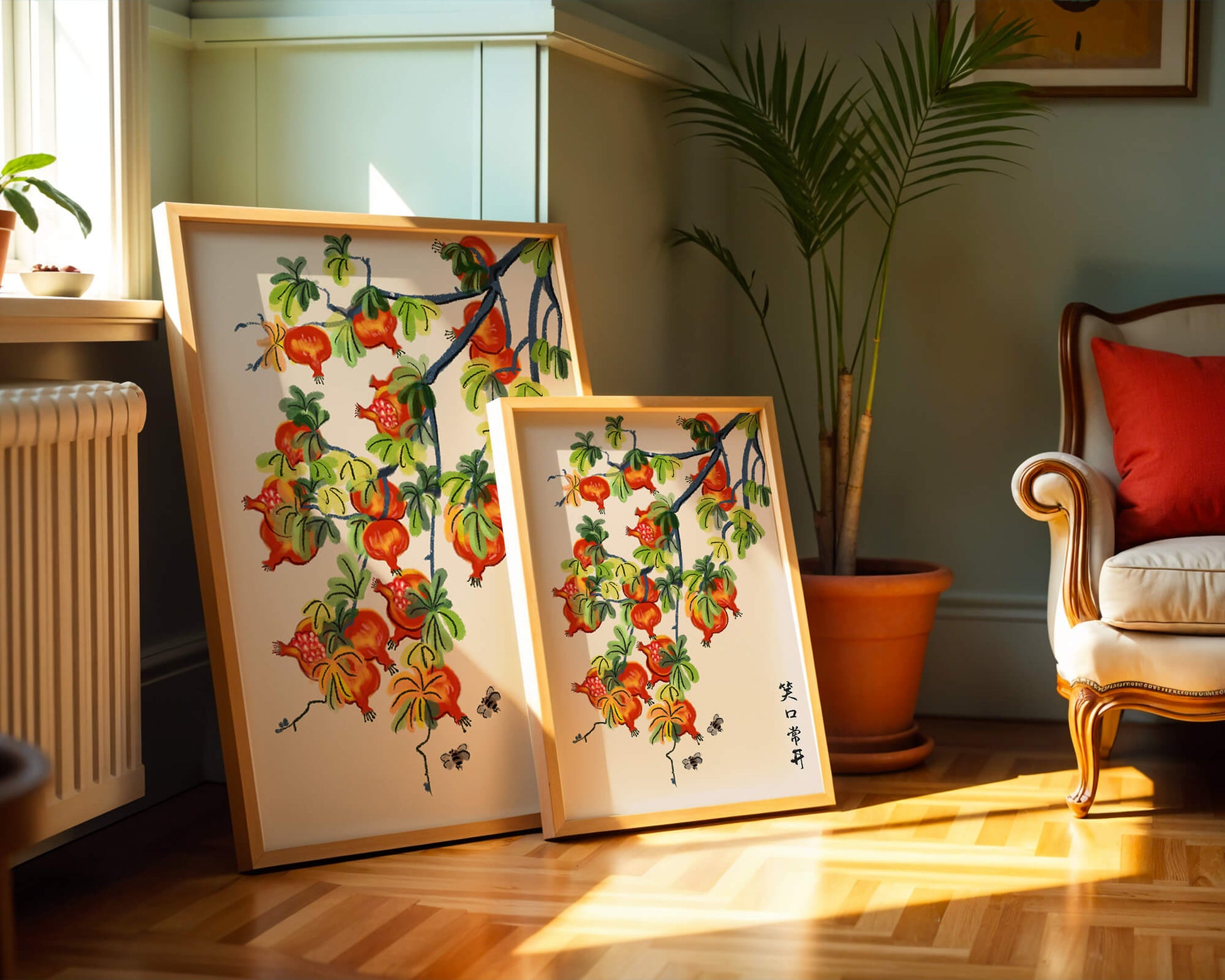 Artistic illustration of vibrant pomegranates on a branch with Asian aesthetic