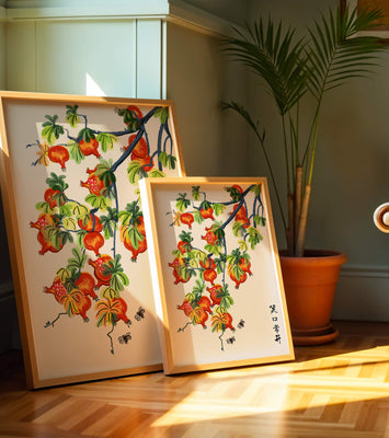 Artistic illustration of vibrant pomegranates on a branch with Asian aesthetic