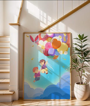 Ilustración caprichosa de niños en el cielo con globos de colores