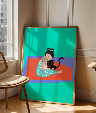 Gemütliche Illustration eines Mädchens, das eine Katze auf einer bunten Matte umarmt