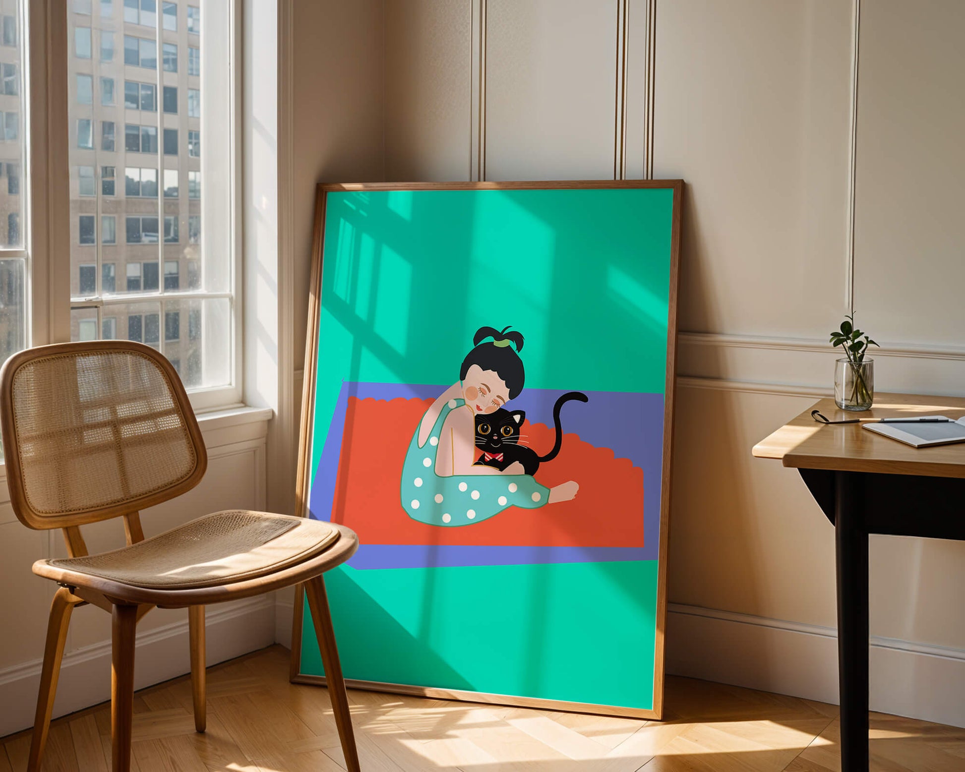 Gemütliche Illustration eines Mädchens, das eine Katze auf einer bunten Matte umarmt